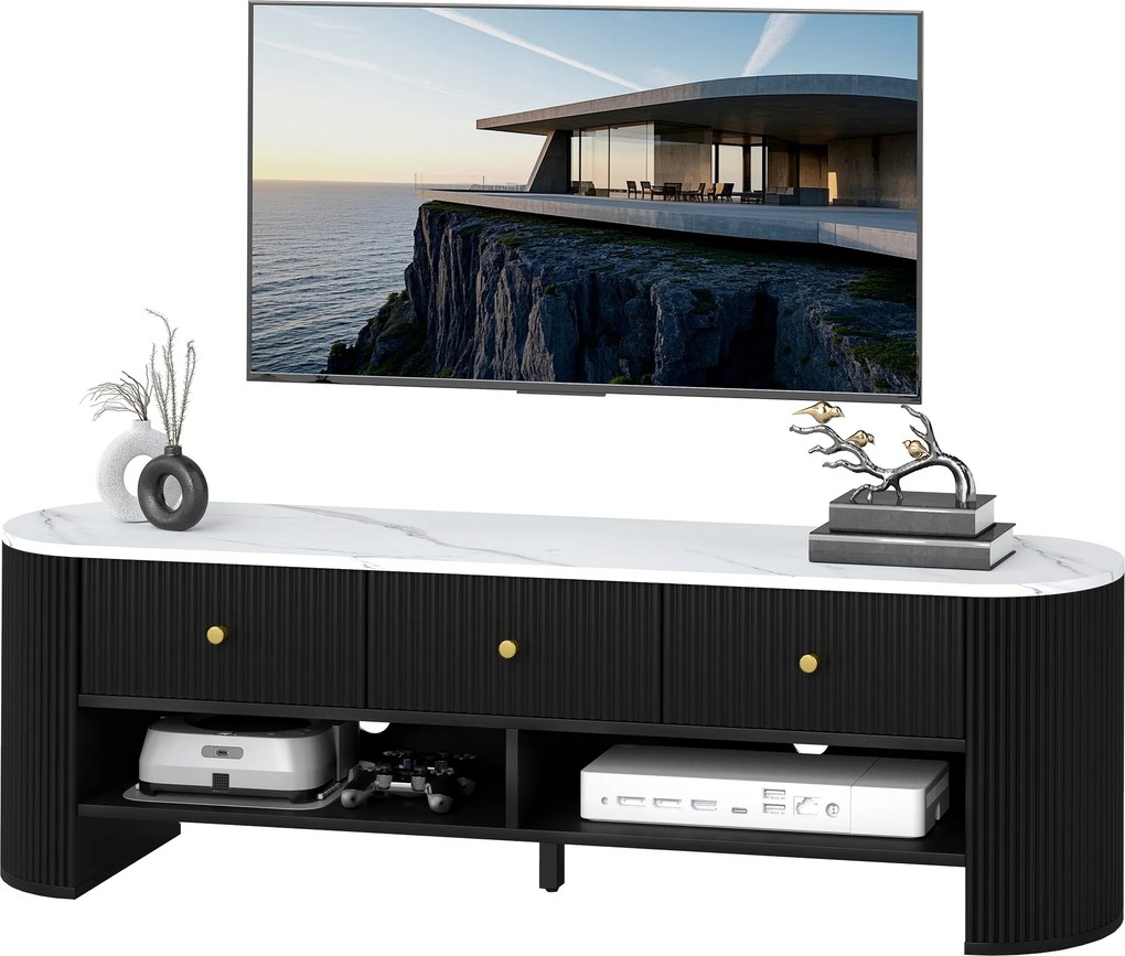 HOMCOM Corp TV 140 cm, pentru televizoare de 165 cm, efect marmură, 3 sertare cu fronturi canelate, 2 rafturi, negru | Aosom Romania