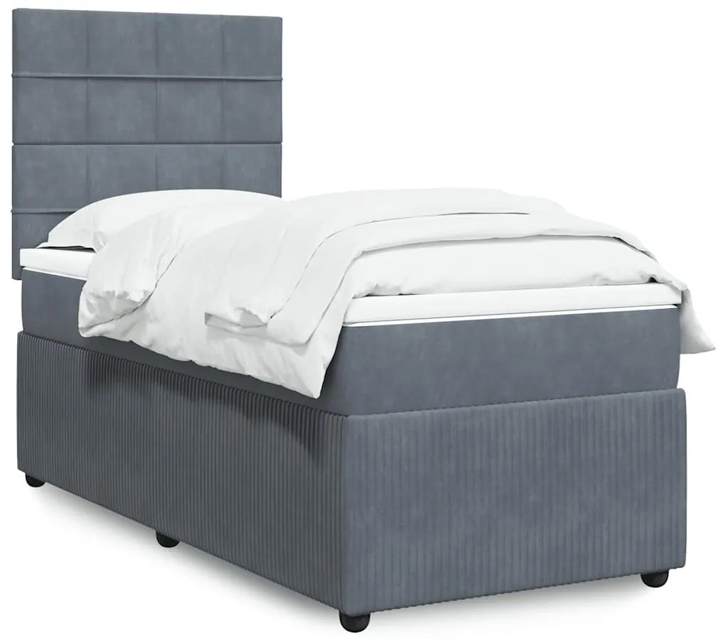 vidaXL Pat box spring cu saltea, gri închis, 100x200 cm, catifea