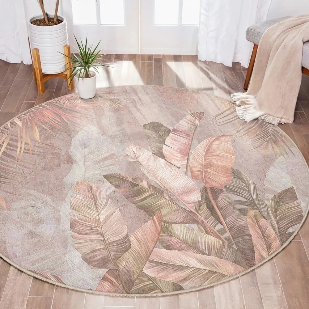 Covor roz deschis lavabil rotund ø 100 cm Dusty Leaves – Mila Home