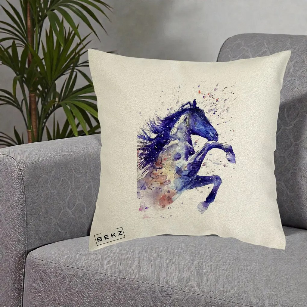 Perna Decorativa Cal Albastru Acuarela, 40x40 cm, Ecru, Husa Detasabila, Perna Inclusa, BEKZ®