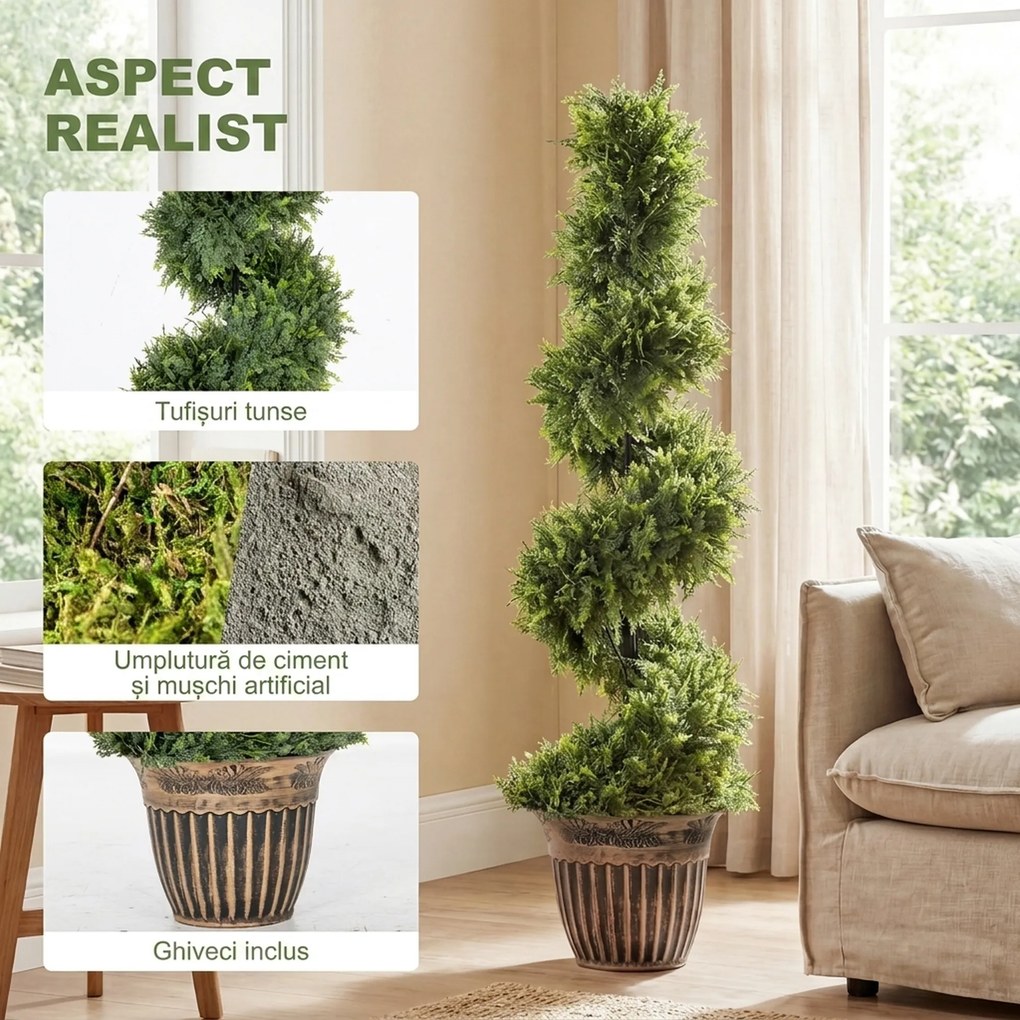 HOMCOM Set 2 Chiparoși Artificiali Spiralați 120 cm cu Ghiveci, pentru Decor Interior și Exterior, Verde | Aosom Romania