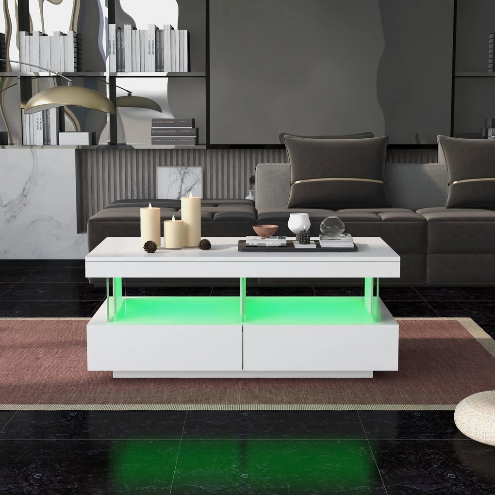 Masă de cafea modernă cu finisaj lucios, iluminare LED, 2 sertare, 100x60x49,5 cm, Alb