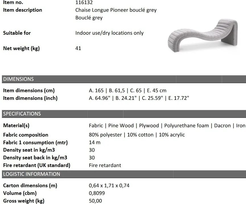 Pat de zi tip sezlong design LUX Pioneer boucle grey