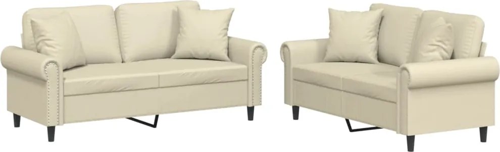 vidaXL Set de canapele cu perne, 2 piese, crem, piele ecologică