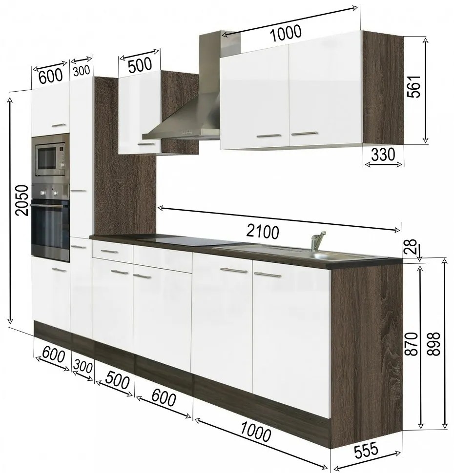 Mobilă de bucătărie Yorki 300, corp din stejar Yorki, cu față alb satinat