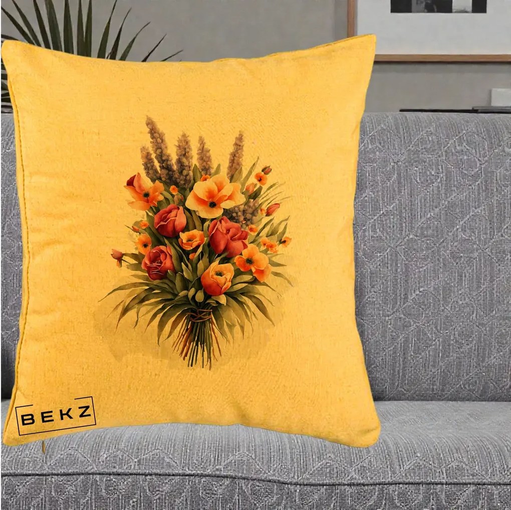Perna Decorativa Buchet Mixt Acuarela Lavanda-Trandafiri, 40x40 cm, Galben, Husa Detasabila, Perna Inclusa, BEKZ®
