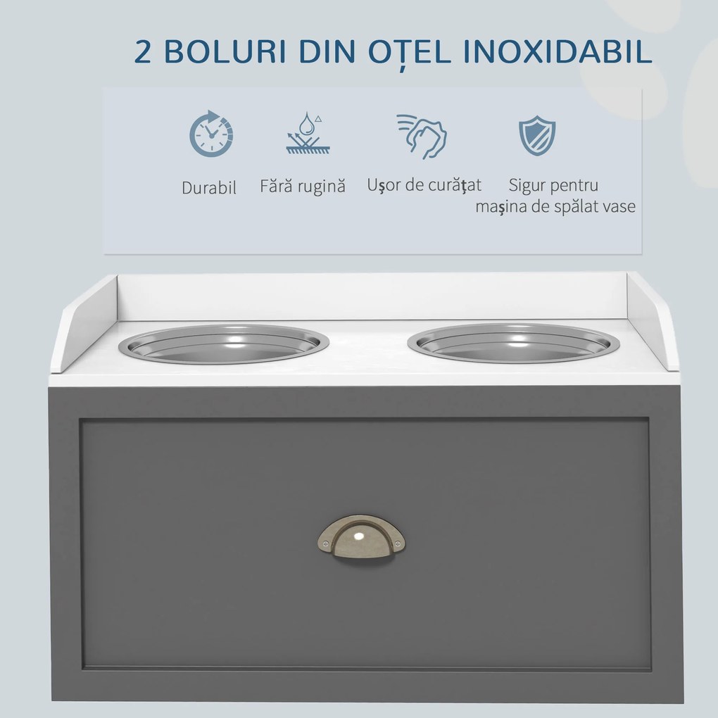PawHut Boluri Înălțate pentru Câini din Oțel Inoxidabil și Lemn cu Sertar, 60x30x36 cm, Gri | Aosom Romania