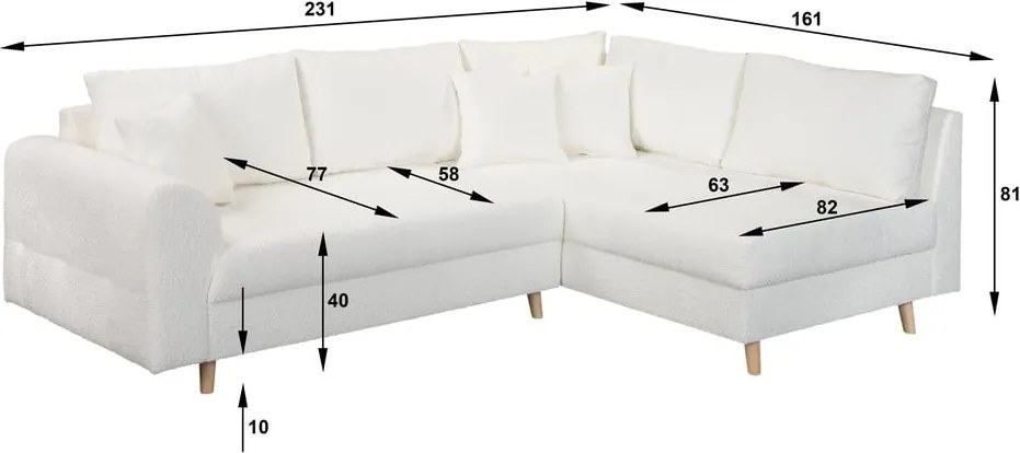 Colțar alb cu tapițerie din stofă bouclé (cu colț pe partea dreaptă) Ariella – Ropez