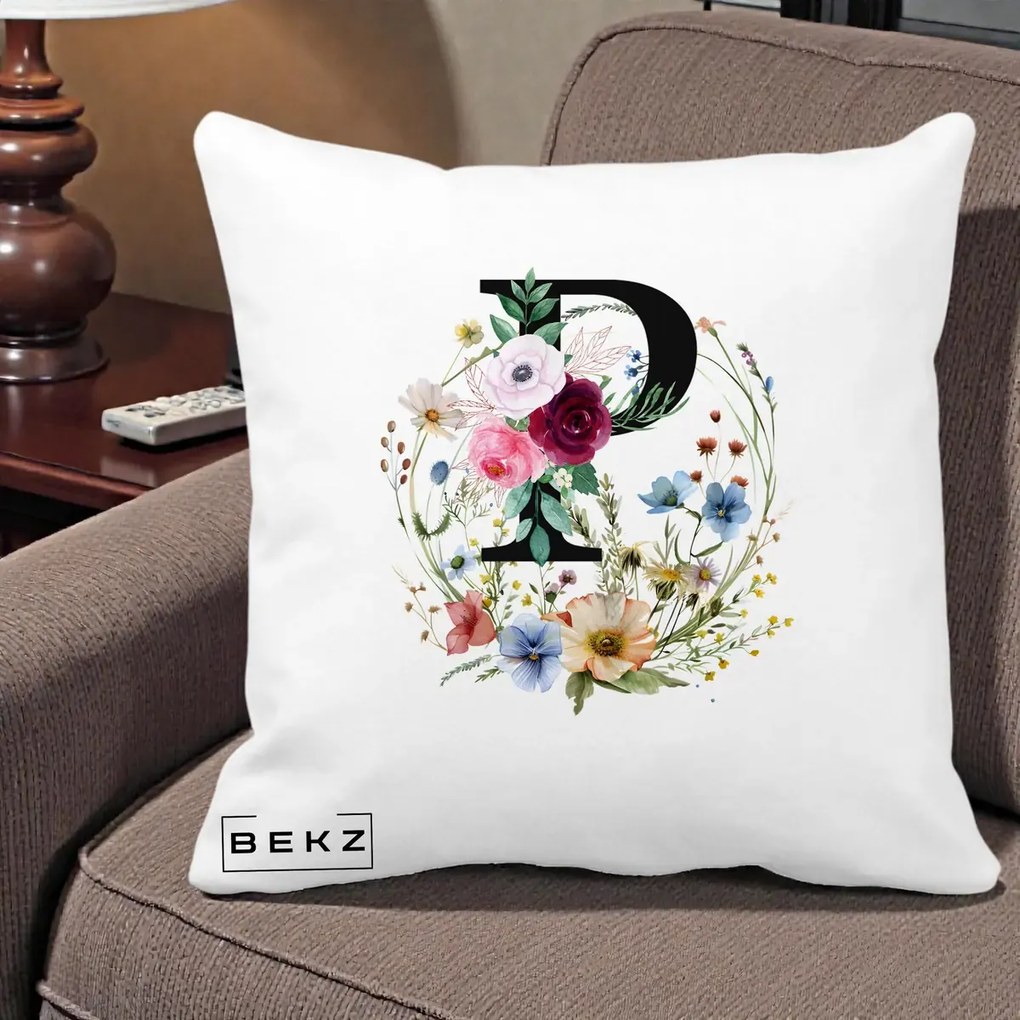 Cadou Personalizat - Perna Personalizata Monogram Litera P cu Flori Acuarela, 40x40 cm, Alba Mata, Husa Detasabila, Perna Inclusa, BEKZ®