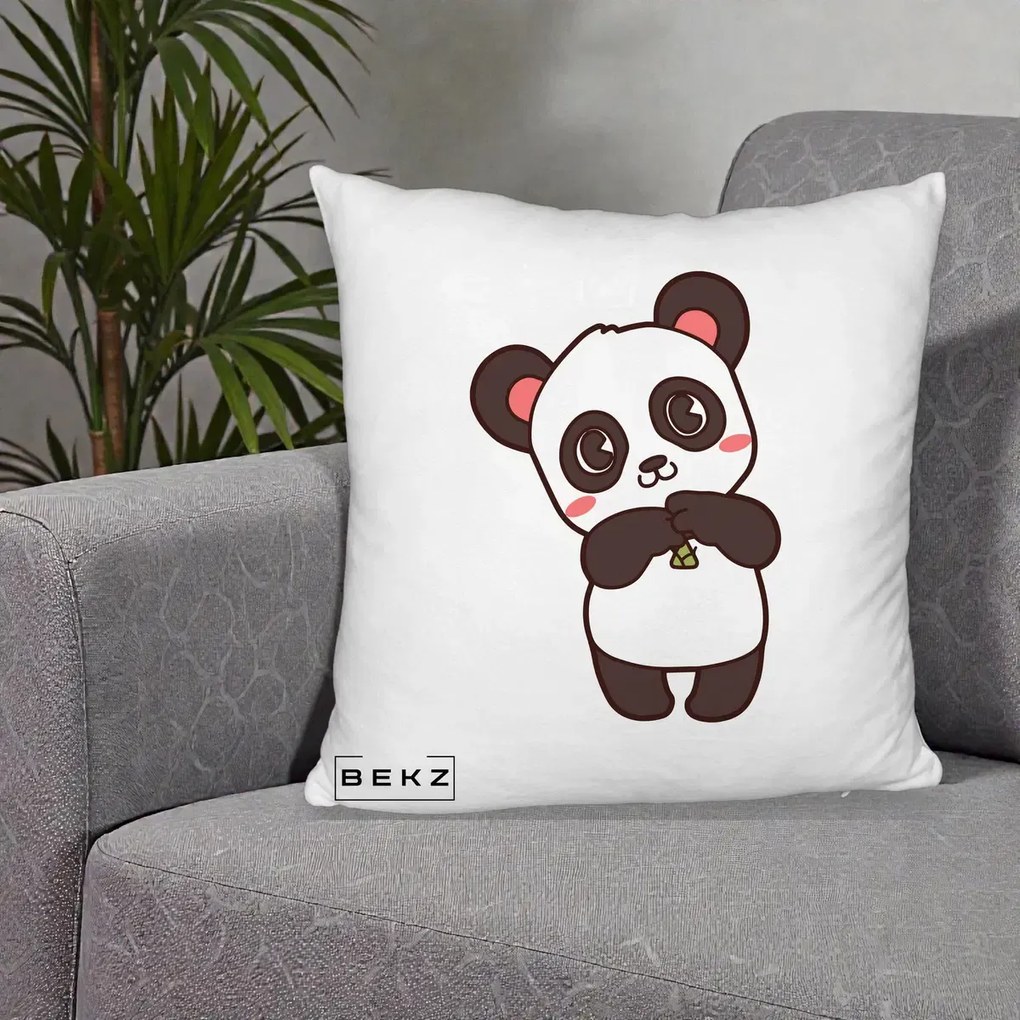 Perna Personalizata Panda Kawaii cu Bambus, 40x40 cm, Alb Pufos, Husa Detasabila, Perna Inclusa, BEKZ®