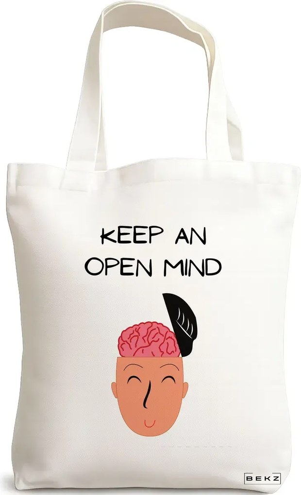 Sacosa de Panza pentru Cumparaturi, Geanta Tote, model Keep an open mind, 38x34.5 cm, Alba, BEKZ®