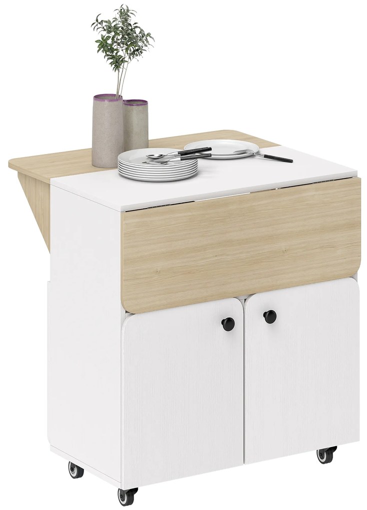 HOMCOM Masa de Dining Pliabilă cu Dulap pe Role, două părți pliabile ale mesei, Dulap, 4 Roți, Alb+Lemn natural, 70 x 83 x 75 cm | Aosom Romania