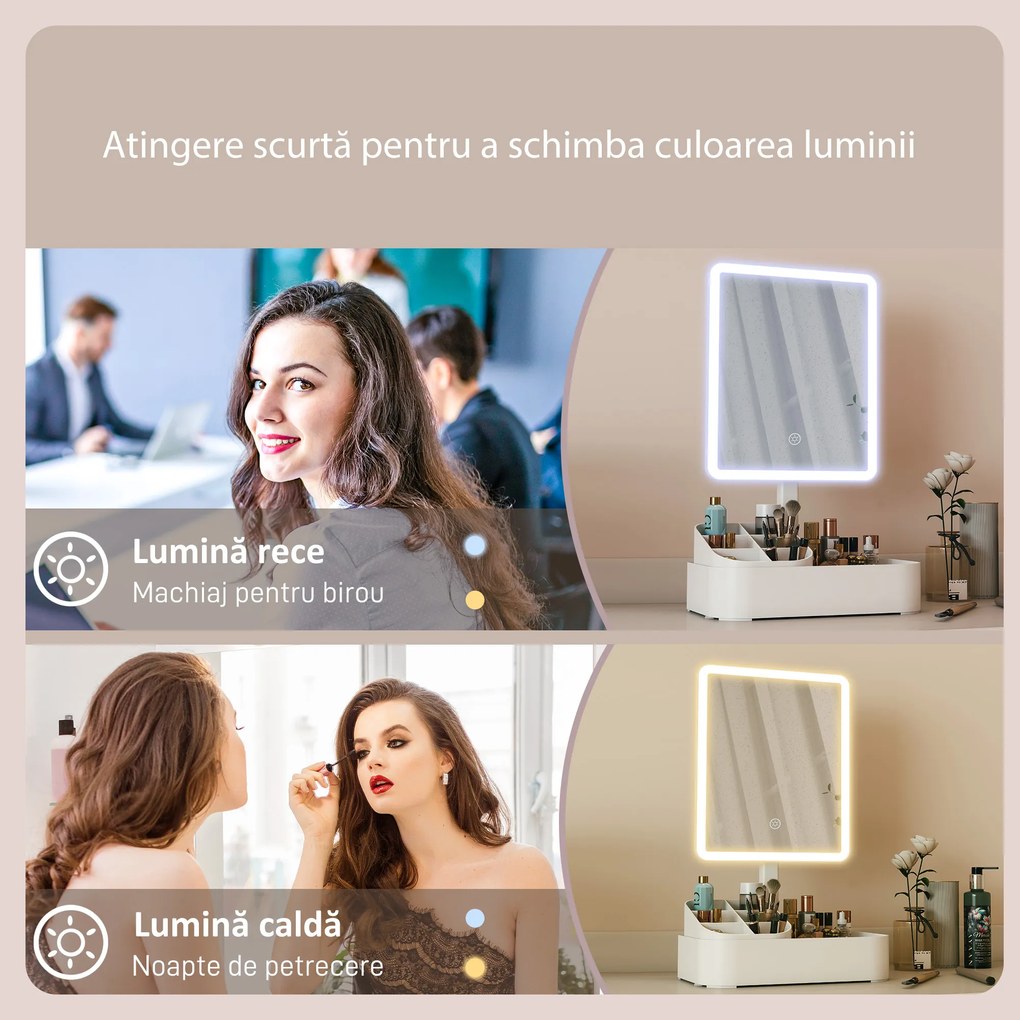 HOMCOM Oglindă Machiaj cu LED-uri, Oglindă Vanity Reîncărcabilă cu Ecran Touch, 2 Moduri de Iluminare și Rotire 180°, Alb | Aosom Romania