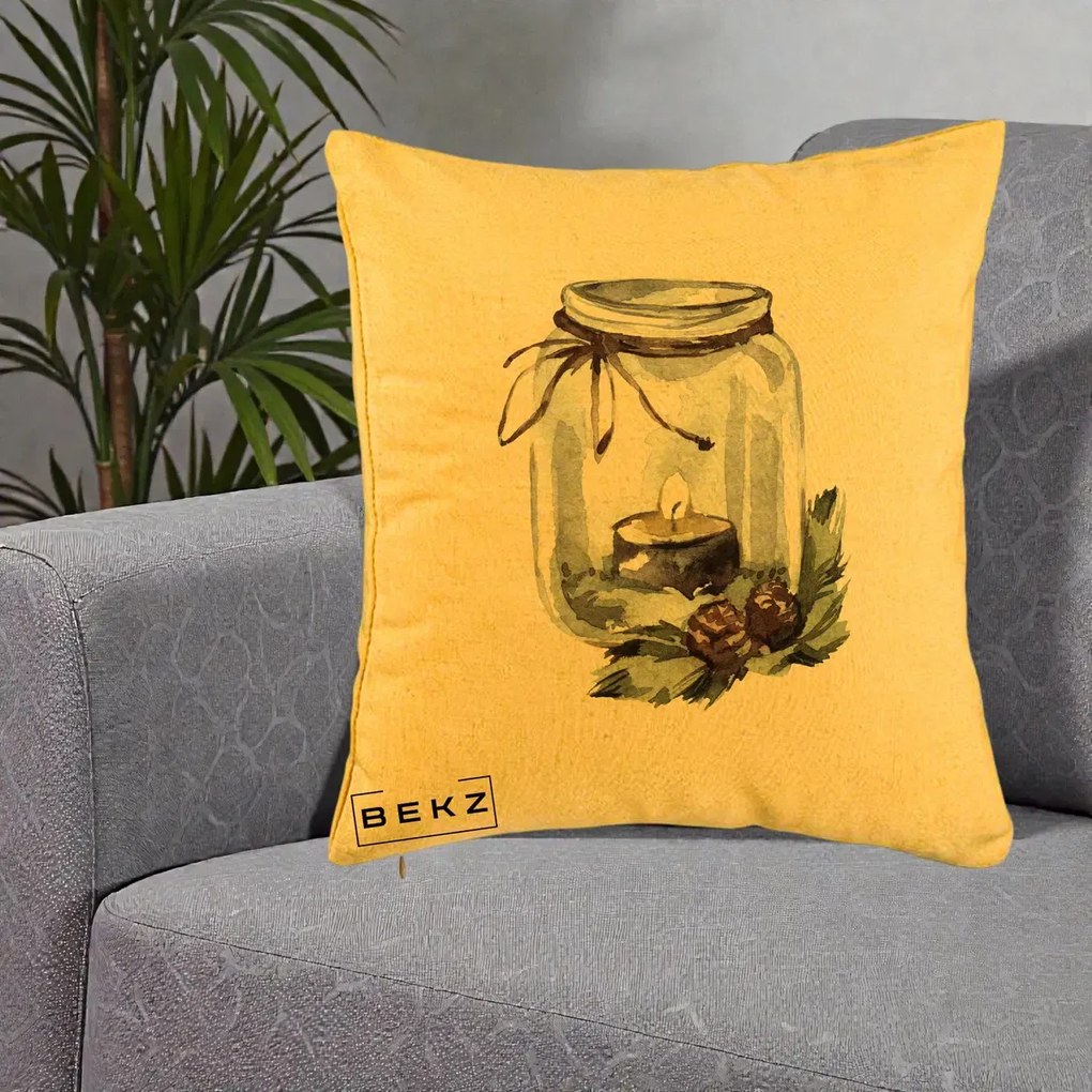 Perna Decorativa Felinar cu Lumanare si Conuri, 40x40 cm, Galben, Husa Detasabila, Perna Inclusa, BEKZ®