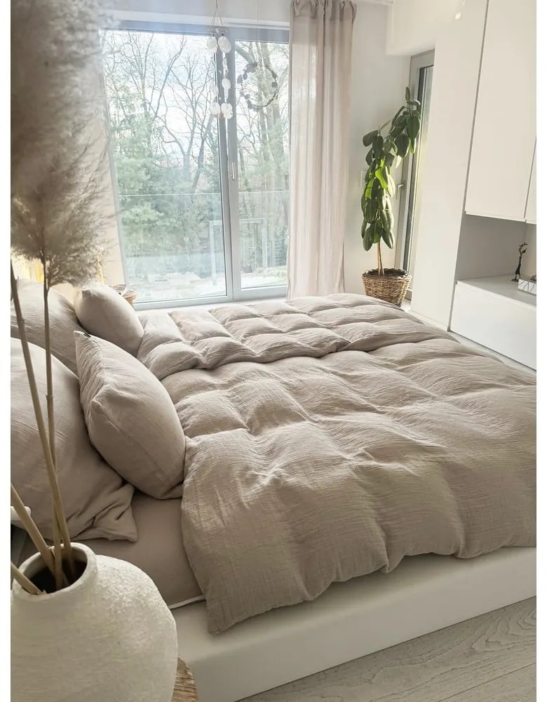 Lenjerie de pat bej din muselină pentru pat dublu 200x200 cm Plain Muslin – Butter Kings