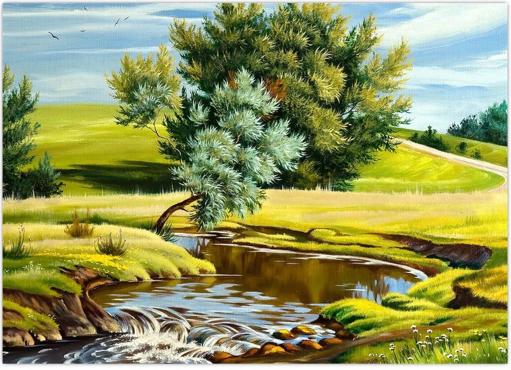 Tablou - Râu între câmpii, pictură în ulei (70x50 cm)