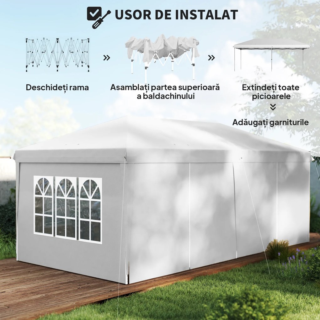Outsunny Cort 6x3 m pliabil din otel si material Oxford, cort pentru gradina cu 6 pereti laterali, franghii si carlige, alb