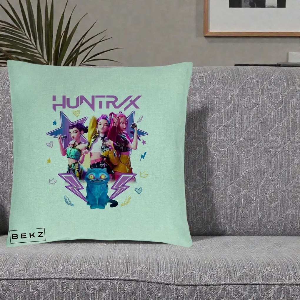 Perna Personalizata K-pop HUNTRX Trio 3D cu Pisica Fulgere, 40x40 cm, Verde Menta, Husa Detasabila, Perna Inclusa, BEKZ®