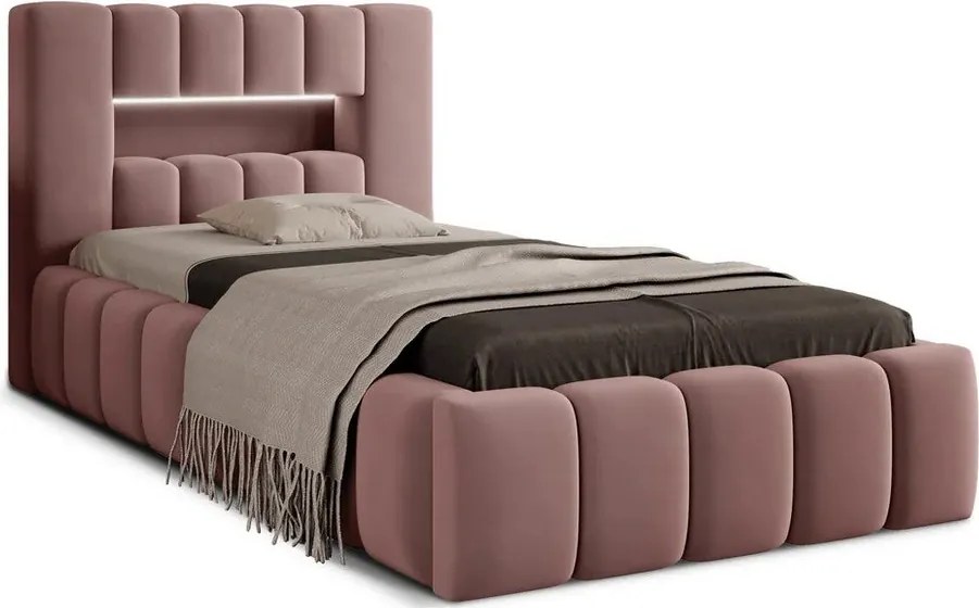 Pat roz tapițat cu spațiu de depozitare cu somieră 90x200 cm Lamica – ELTAP