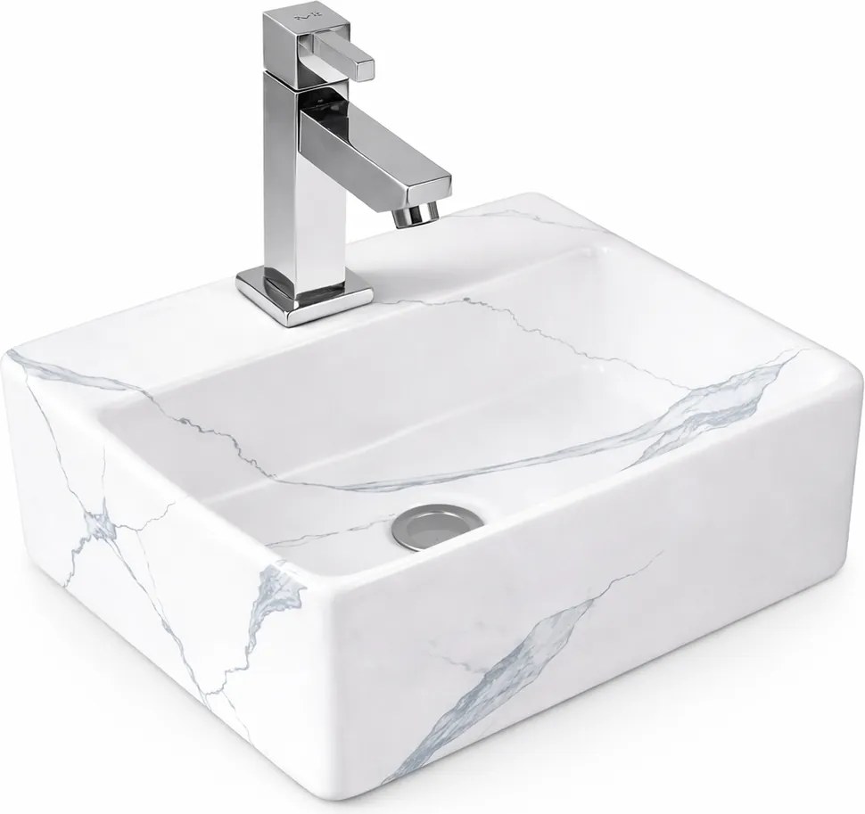 LAGE-M || Lavoar montat pe blat, ceramică, alb, cu model marmură, pătrat