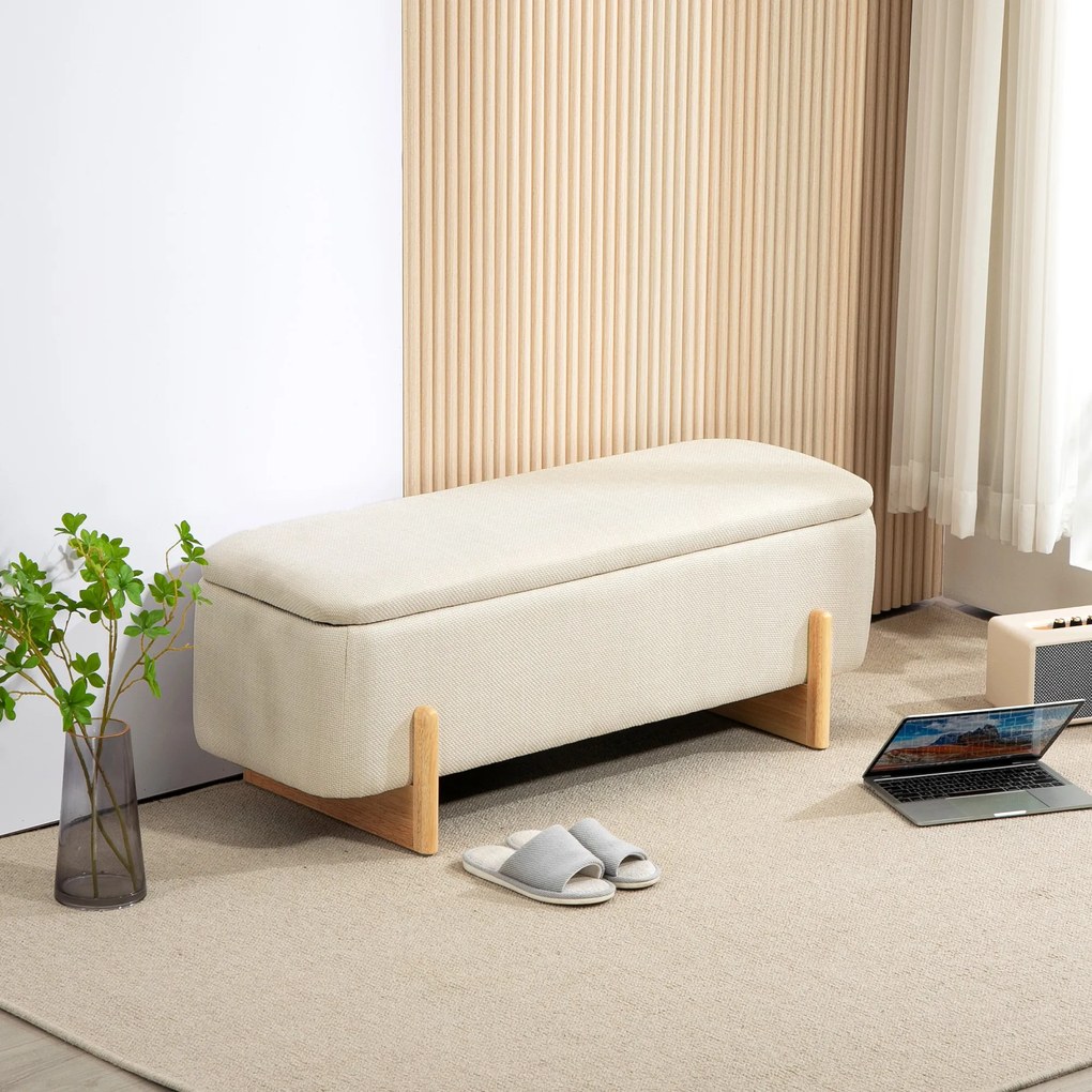 HOMCOM Banchetă cu Depozitare 111x44x44,5 cm, Șezut Tapițat, Material cu Efect de In, Picioare din Lemn, 150 kg, Crem | Aosom Romania