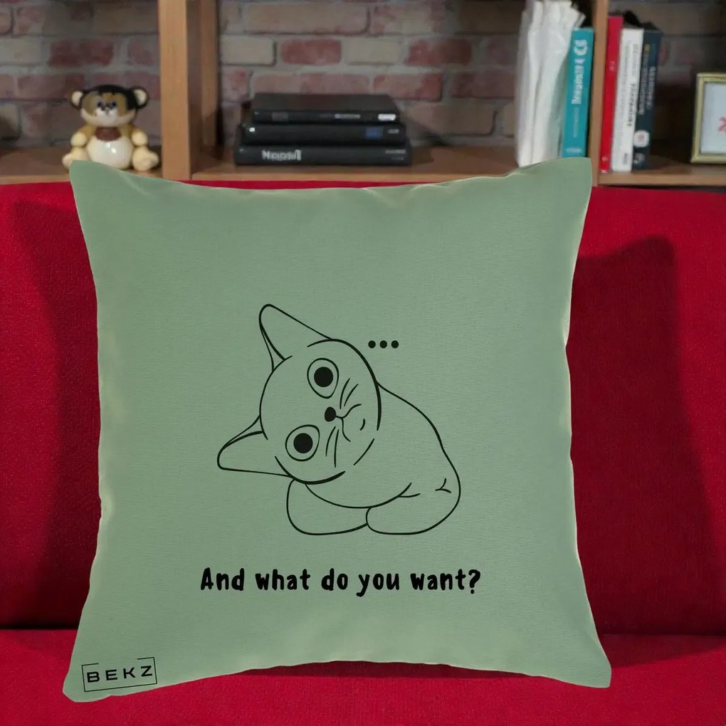 Perna Decorativa And What Do You Want Cat, 40x40 cm, Verde, Husa Detasabila, Perna Inclusa, BEKZ®