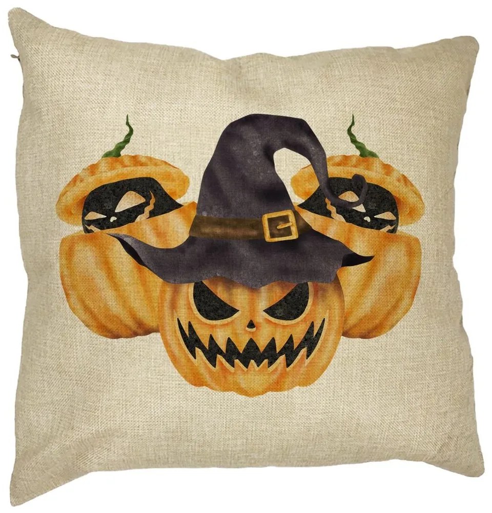 Perna Decorativa cu motiv Dovleac de Halloween 3, 40x40 cm, Husa Detasabila, Burduf