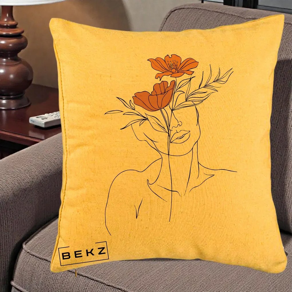 Perna Decorativa Portret Feminin Doua Flori, 40x40 cm, Galben, Husa Detasabila, Perna Inclusa, BEKZ®