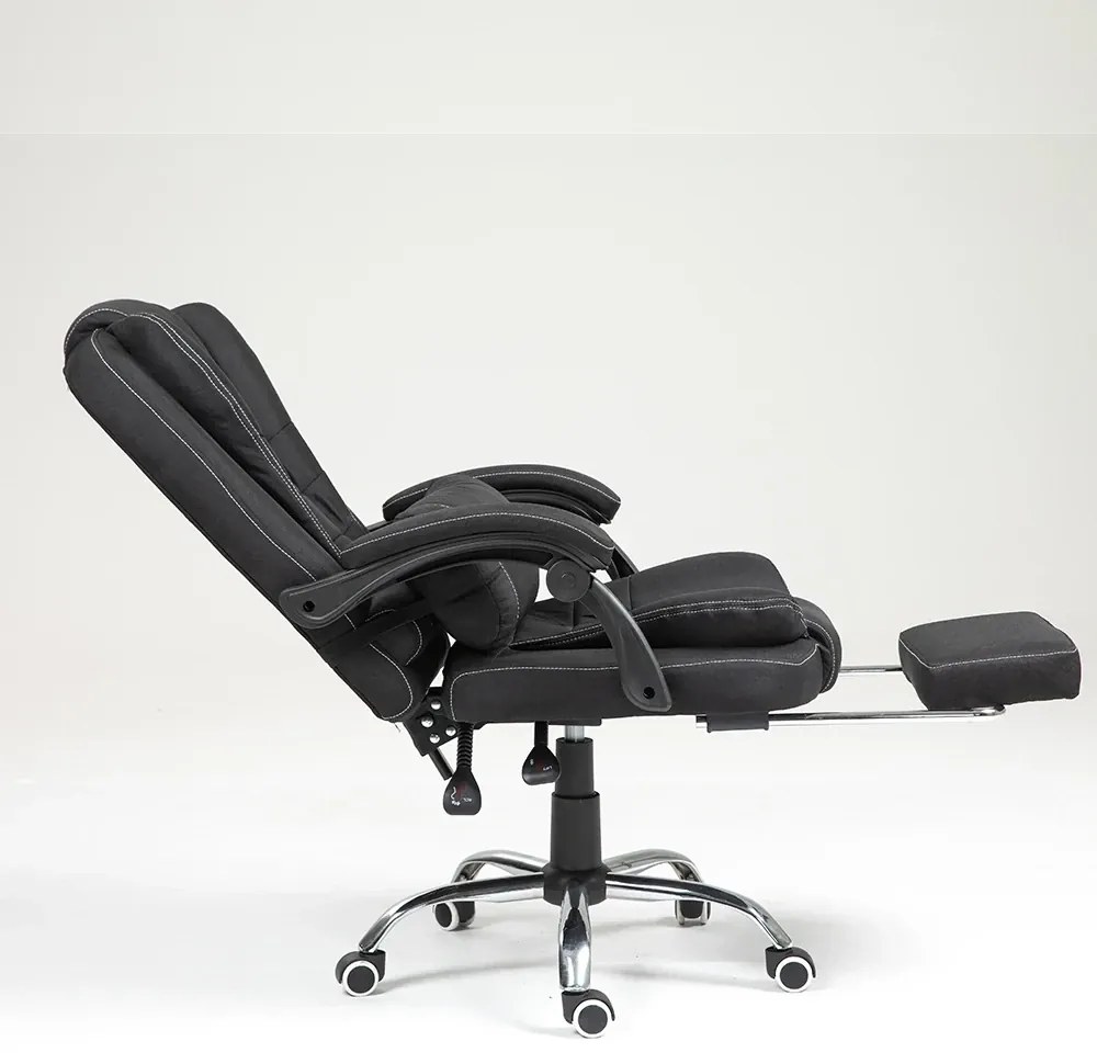 Scaun directorial, perna lombara cu masaj in 2 puncte, spatar rabatabil, suport pentru picioare, material textil, Negru