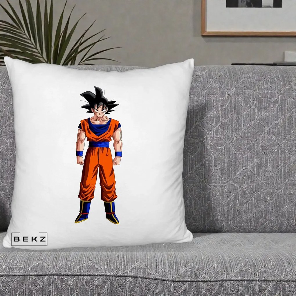 Perna Personalizata Dragon Ball Goku Complet in Gi Portocaliu, 40x40 cm, Alb Pufos, Husa Detasabila, Perna Inclusa, BEKZ®