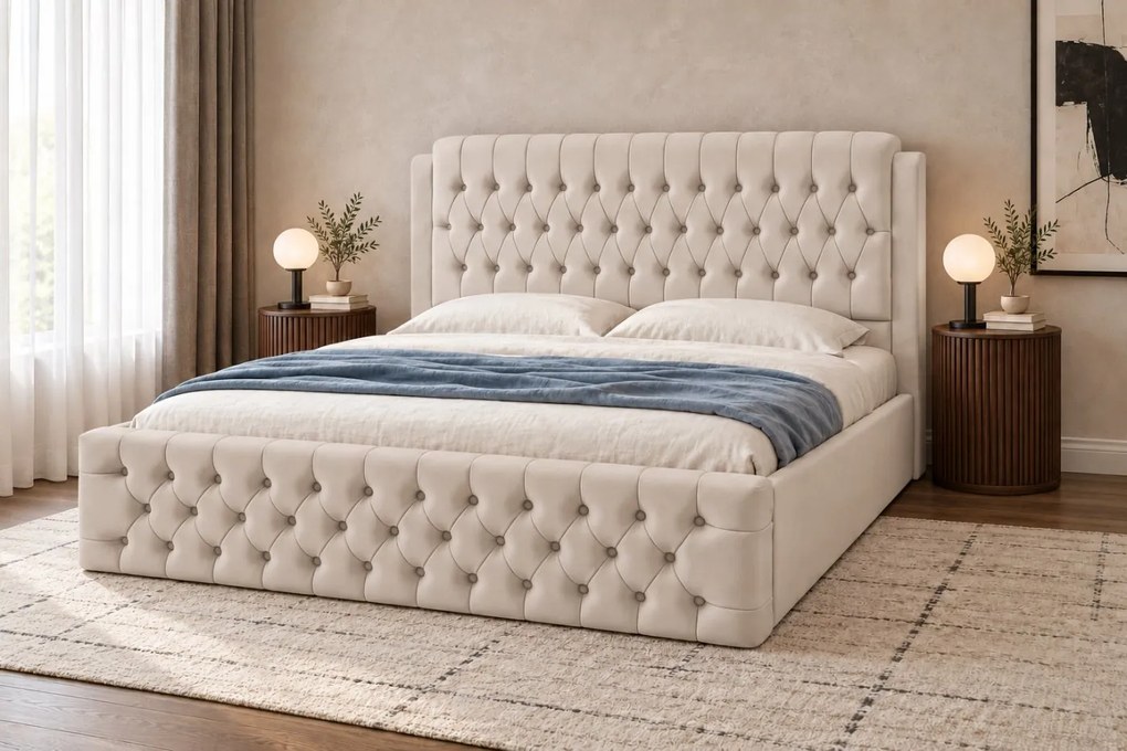 Pat tapițat din catifea Aveline 180×200 cm, crem, cu ladă de depozitare