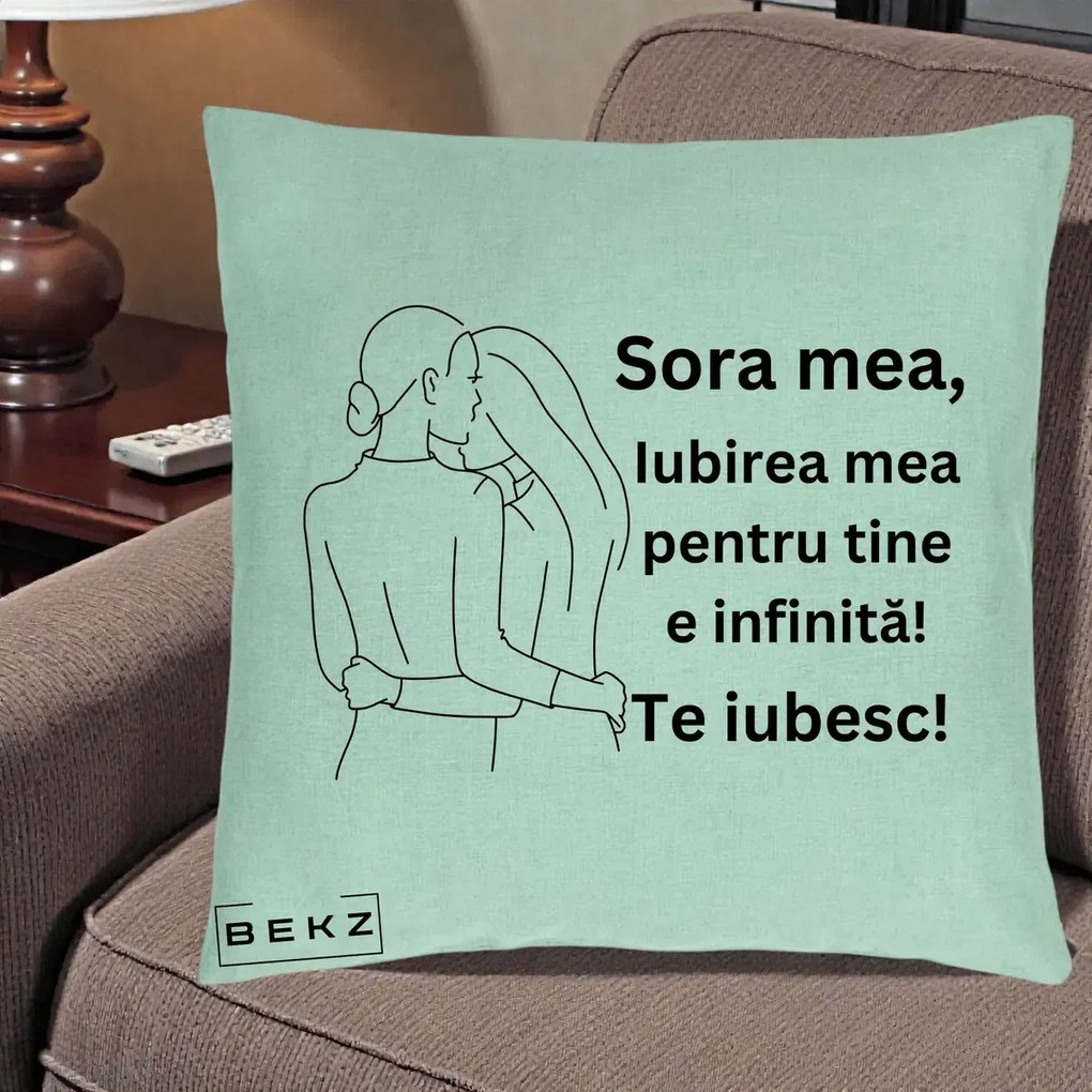 Cadou pentru Sora - Perna Personalizata Sora Mea Te Iubesc Imbratisare din Spate Line Art, 40x40 cm, Verde Menta, Husa Detasabila, Perna Inclusa, BEKZ®