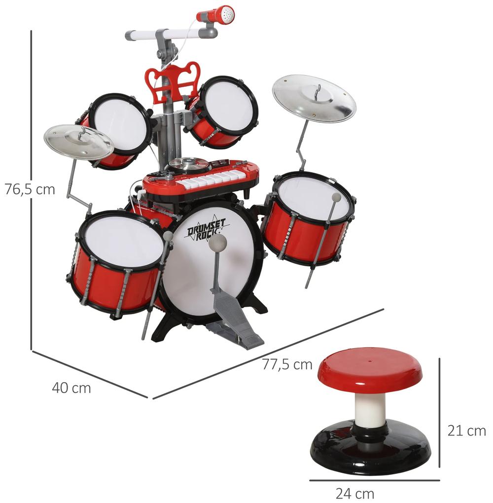 HOMCOM Set de tobe de jucarie cu Multe Efecte Sonore si Microfon pentru Copii, 45 × 25 × 140cm, Rosu