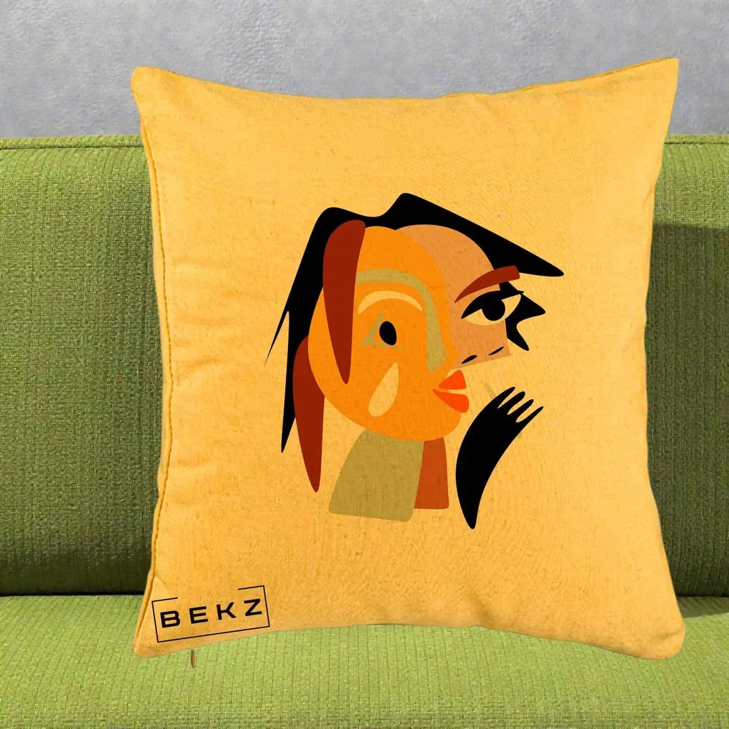 Perna Decorativa Portret Abstract Galben-Ocru, 40x40 cm, Galben, Husa Detasabila, Perna Inclusa, BEKZ®