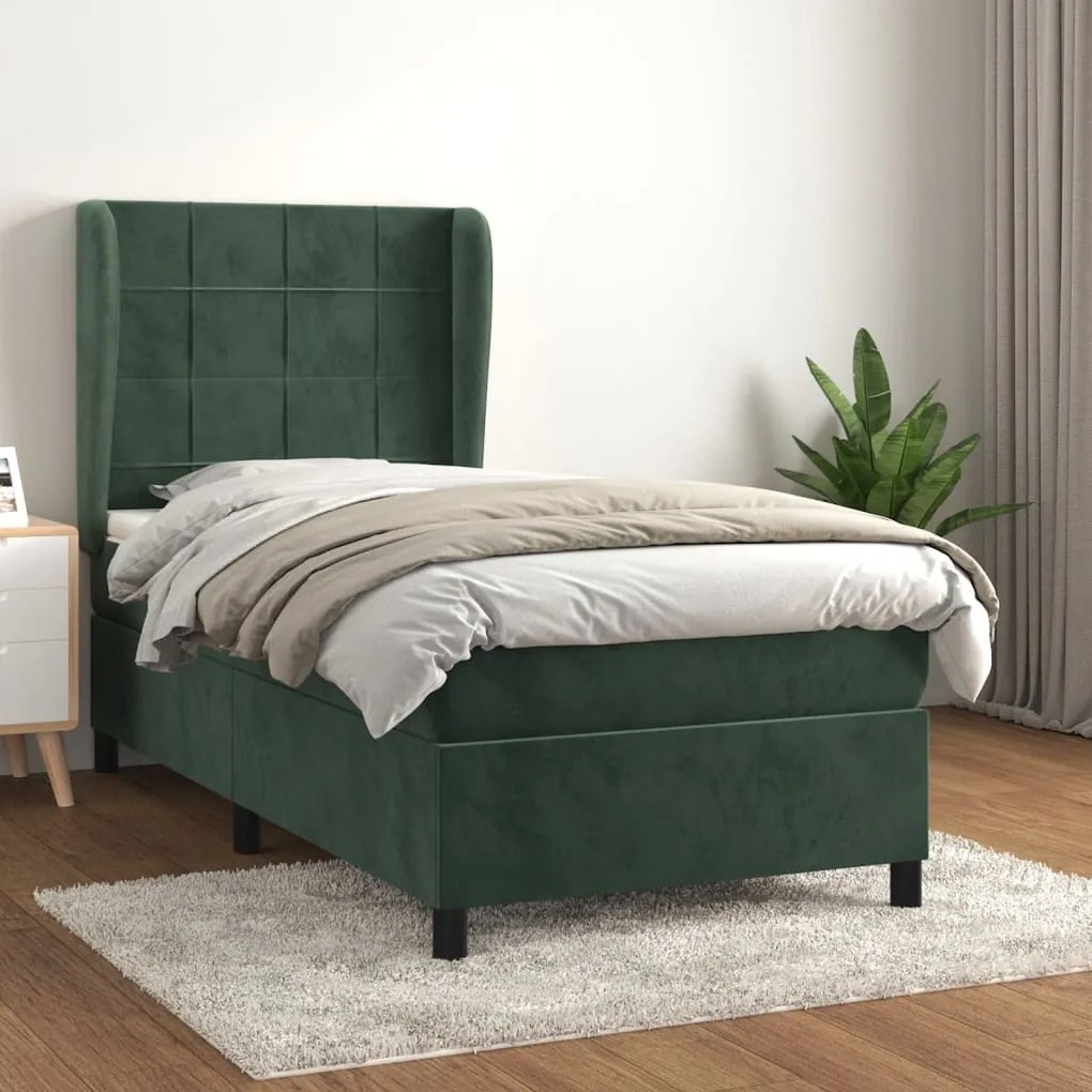 Pat box spring cu saltea, verde inchis, 90x190 cm, catifea Verde inchis, 90 x 190 cm, Cu blocuri patrate