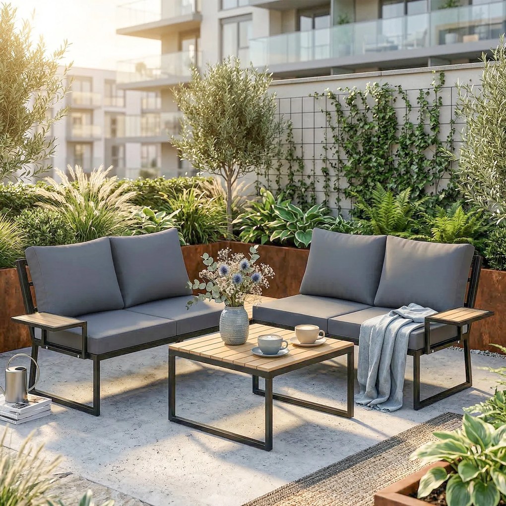 Outsunny Set mobilier de grădină în formă L, cadru metalic, pentru 4 persoane, lounge cu canapea 2 locuri și perne, 2 măsuțe suprapuse, Teak | Aosom Romania