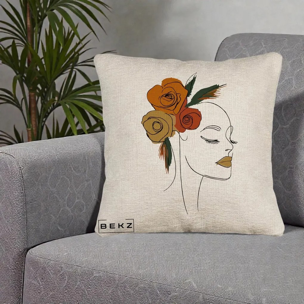 Perna Decorativa Portret Feminin Trandafiri Ruginii, 40x40 cm, Bej Canapea, Husa Detasabila, Perna Inclusa, BEKZ®