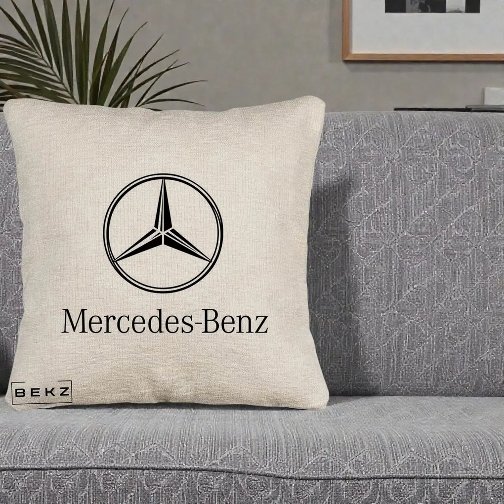 Perna Personalizata cu emblema Mercedes-Benz, 40x40 cm, Bej Canapea, Husa Detasabila, Perna Inclusa, BEKZ®