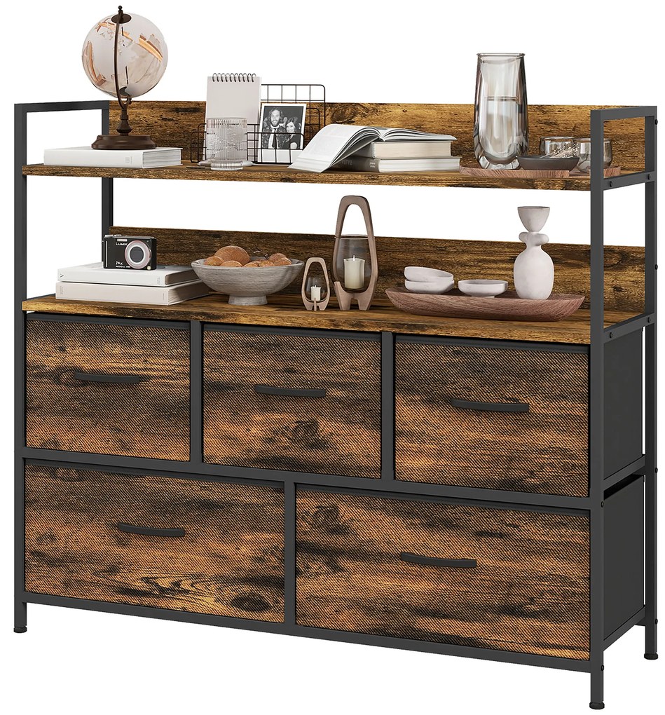 HOMCOM Comodă, mobilier de depozitare, 5 sertare din material textil pliabile și detașabile și rafturi, 98 x 29 x 85 cm, maro rustic | Aosom Romania