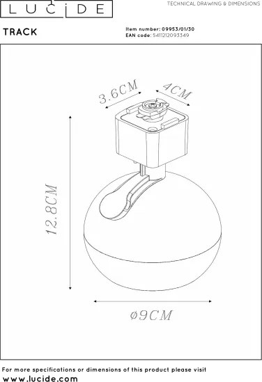 Lucide 09953/01/30-Spot pentru șină TRACK 1xG10/M16/50W/230V