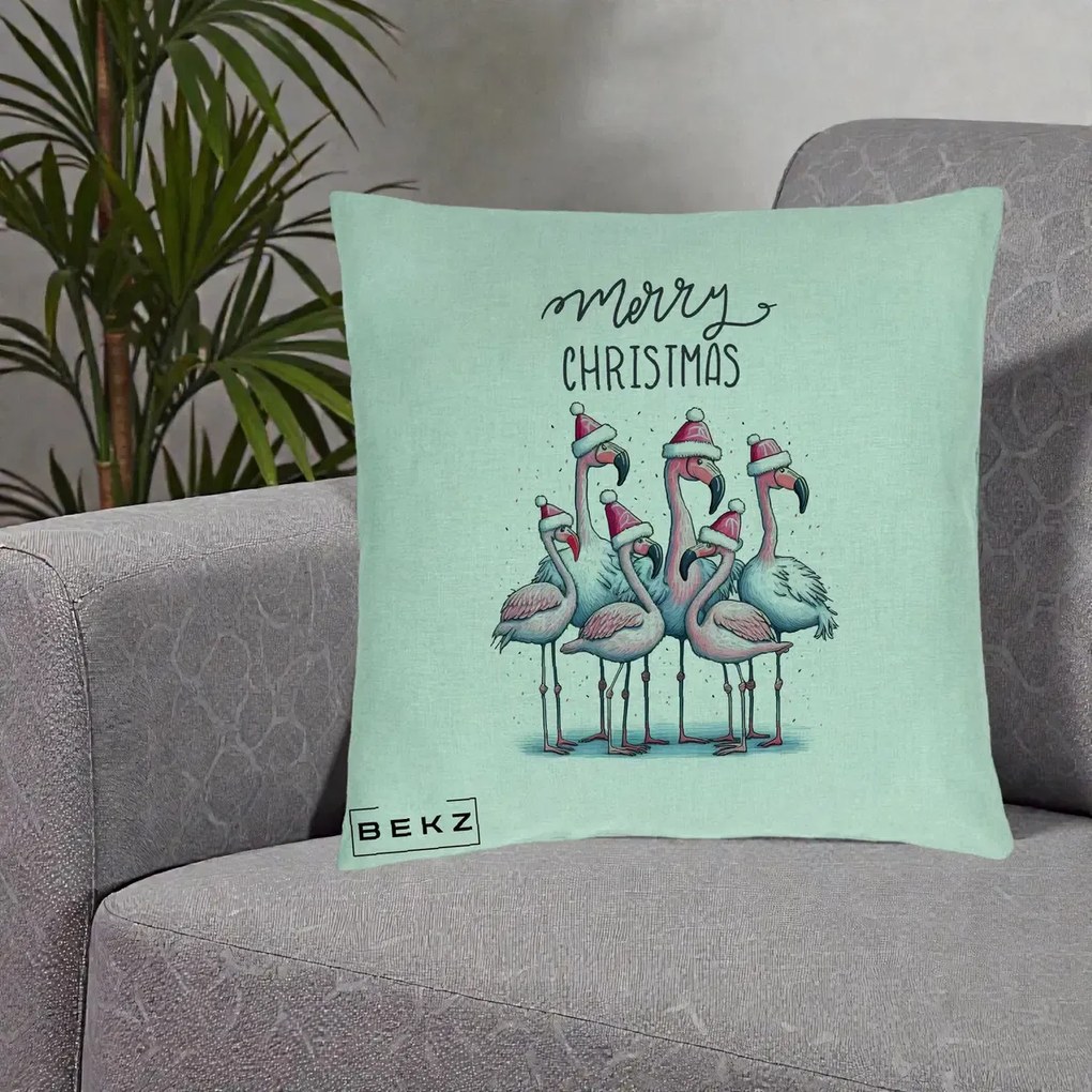 Perna Decorativa Flamingo Merry Christmas, 40x40 cm, Verde Menta, Husa Detasabila, Perna Inclusa, BEKZ®