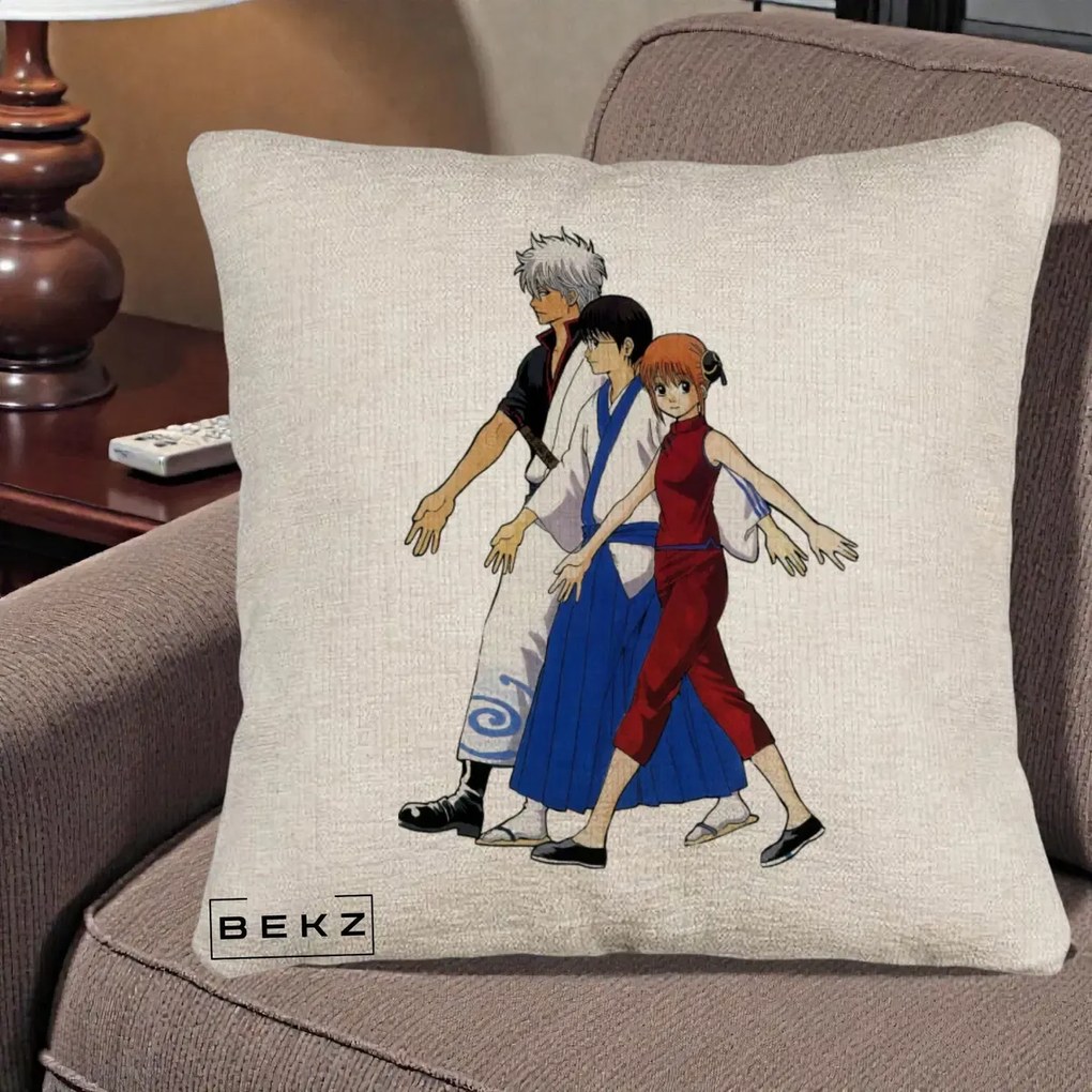 Perna Personalizata Gintama Trio Gintoki Shinpachi Kagura, 40x40 cm, Bej Canapea, Husa Detasabila, Perna Inclusa, BEKZ®