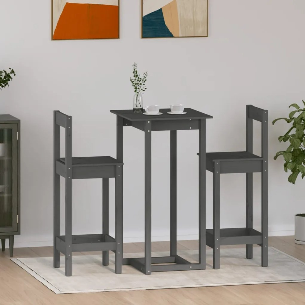 3124734 vidaXL Set mobilier de bar, 3 piese, gri, lemn masiv de pin