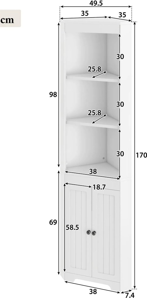 Dulap înalt pentru baie cu trei rafturi deschise, 49,5x35x170 cm, Alb