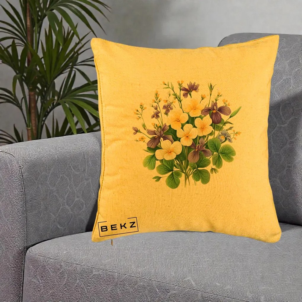 Perna Decorativa Viorele Iris Violet si Trifoi, 40x40 cm, Galben, Husa Detasabila, Perna Inclusa, BEKZ®