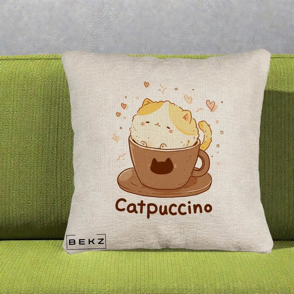 Perna Decorativa Catpuccino Pisica Cappuccino, 40x40 cm, Bej Canapea, Husa Detasabila, Perna Inclusa, BEKZ®