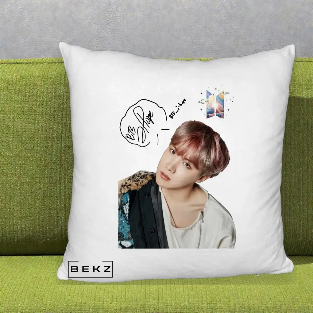 Perna Personalizata K-pop BTS J-Hope Par Roz Autograf, 40x40 cm, Alb Pufos, Husa Detasabila, Perna Inclusa, BEKZ®