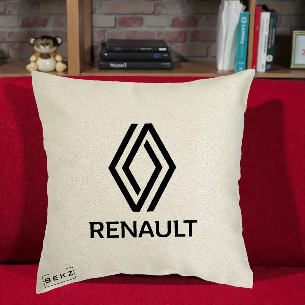 Perna Personalizata cu emblema Renault, 40x40 cm, Ecru, Husa Detasabila, Perna Inclusa, BEKZ®