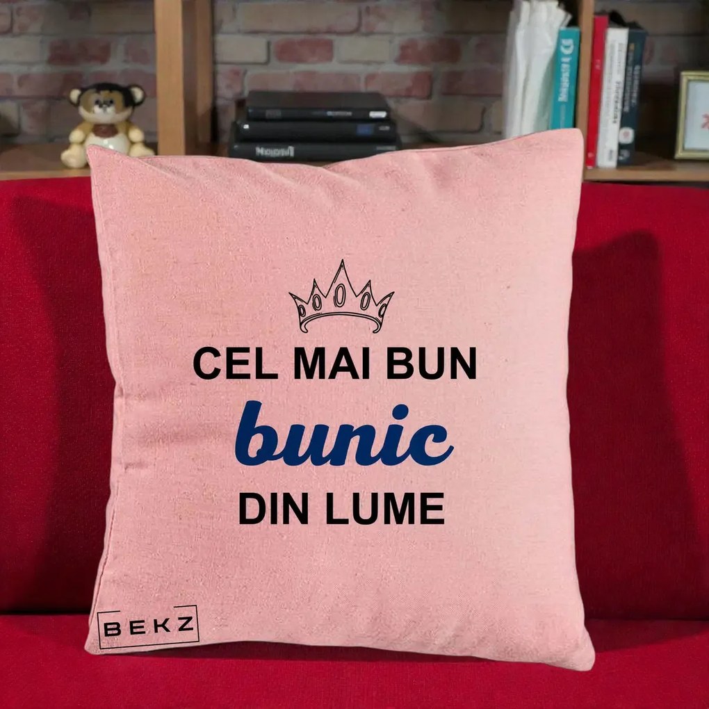 Cadou pentru Bunic - Perna Personalizata Cel Mai Bun Bunic Din Lume Coroana Albastra, 40x40 cm, Roz, Husa Detasabila, Perna Inclusa, BEKZ®