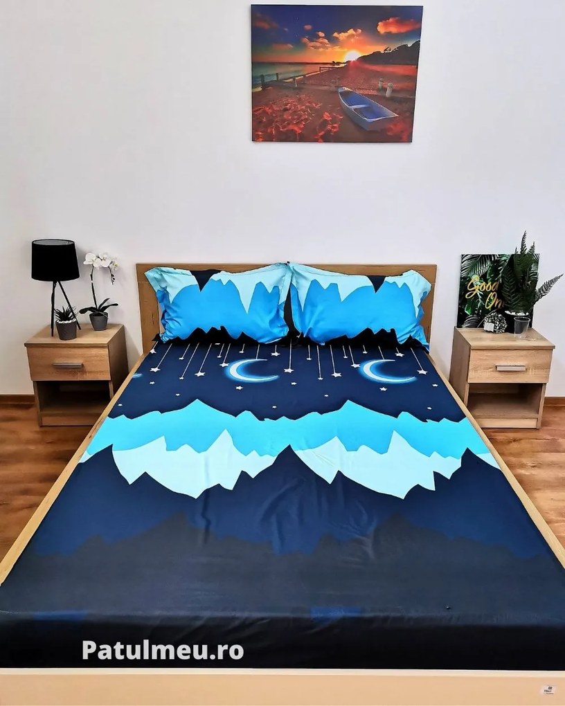 Husa de pat si 2 fete de perna, 3 piese, pat 2 persoane, 180x200 cm, albastru, HB-62